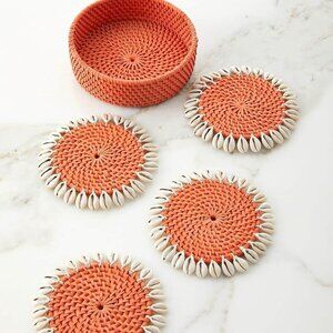Mode Living Orange Woven Rattan Capiz Shell Round Coaster Set